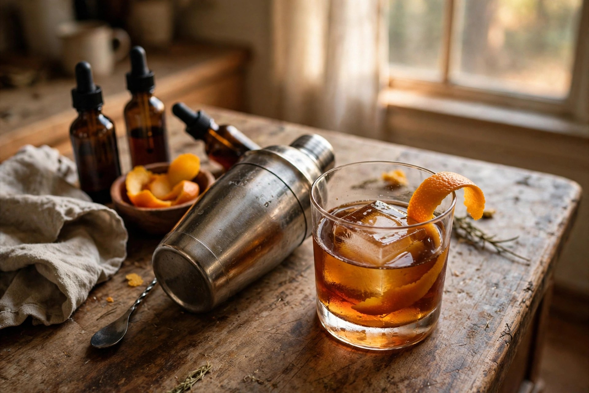 An Old Fashioned cocktail with orange peel beside a shaker and bitters on a worn wooden counter