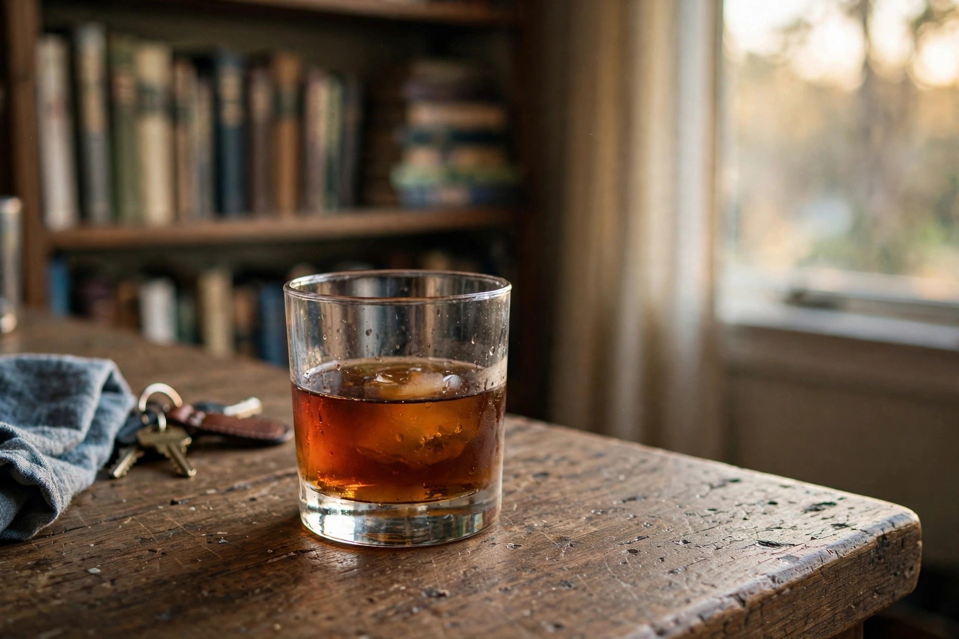 A glass of bourbon glowing in warm light against dark oak barrels